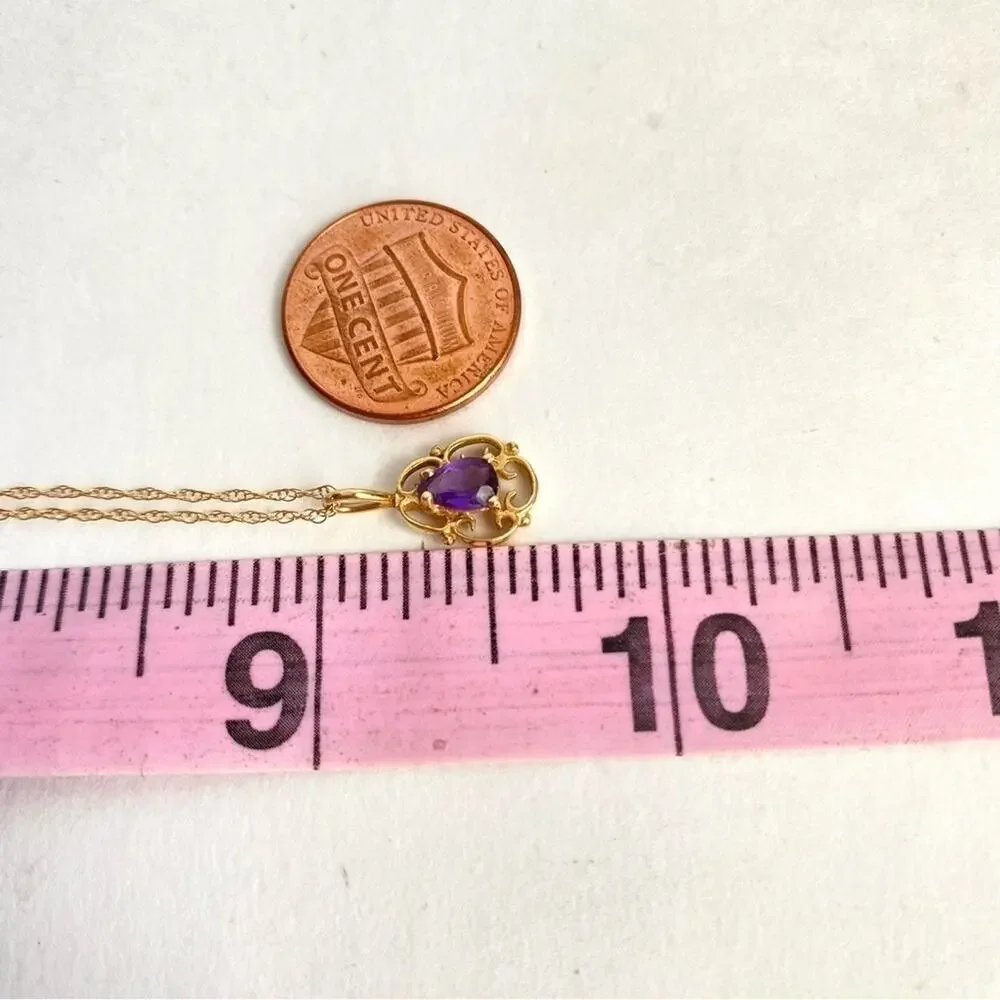 Vintage 14K Gold Amethyst Necklace Purple Scroll Pendant Dainty 10k 18” Chain‎